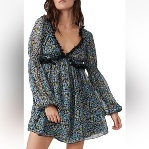 New! Free People Pennie Floral Print Ruffle Long Sleeve Minidress Sz XS
